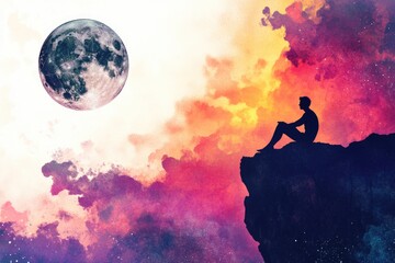 A person sitting atop a mountain gazing up at the moon, perfect for outdoor or space-themed uses