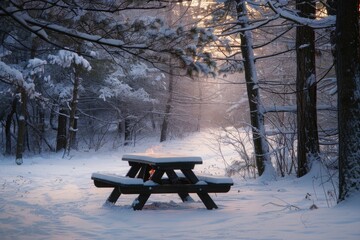 A picturesque scene of a snow-covered picnic table surrounded by a forest, ideal for winter-themed photography and advertising