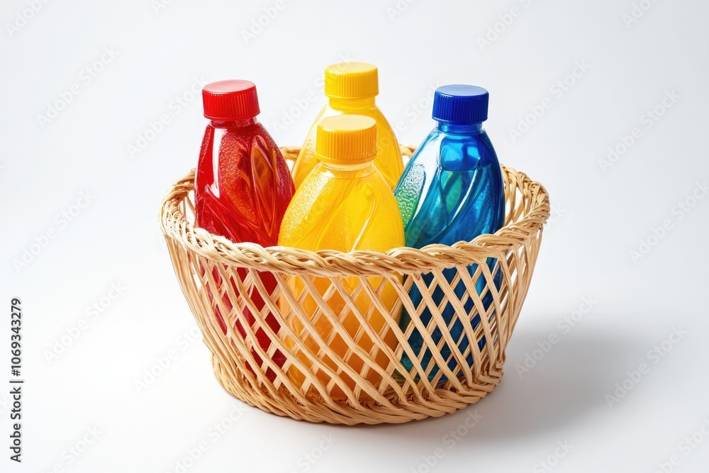 Poster A rustic wicker basket filled with assorted glass bottles in various colors