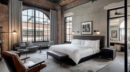 Luxury loft bedroom with contemporary furnishings, brick walls, and a spacious window view