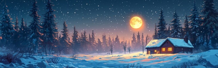 Naklejka premium Cozy cabin under the starry night sky in a winter forest