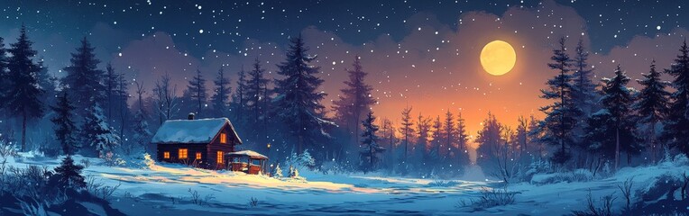 Cozy cabin under the starry night sky in a winter forest