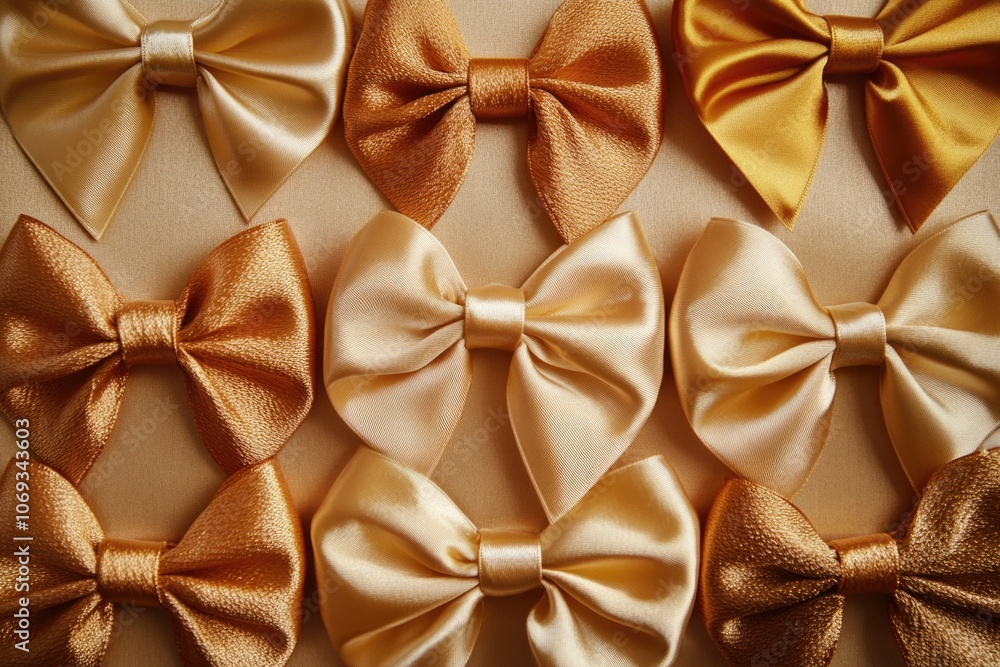 Poster a collection of colorful bows on a table, great for decorating and crafting projects