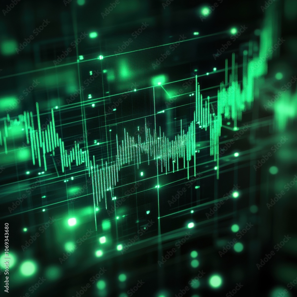 Poster abstract green digital sound wave visualization with glowing grid elements.