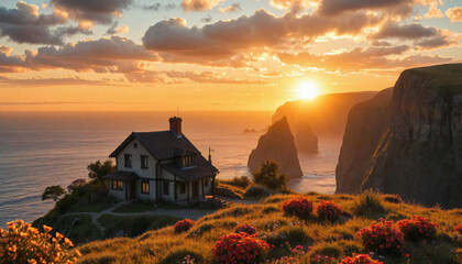 small countryside cottage perched on the edge of a towering cliff overlooking a vast ocean