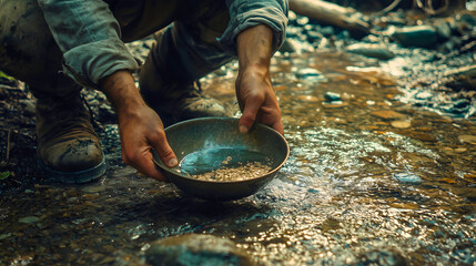 A prospector searching for gold by the riverbank, using a pan to sift through water and sediment. Surrounded by nature, the scene captures the hopeful determination of panning for precious metals.