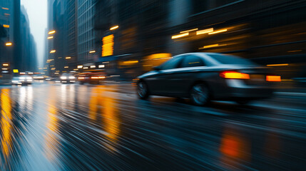 Cityscape with Car in Motion Blur and Rain Nighttime Driving Urban Abstract Background