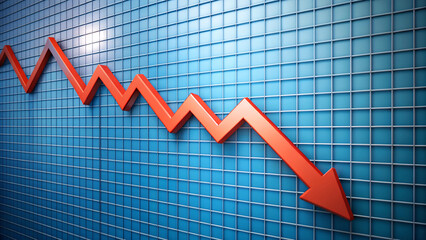 Business chart with red arrow down, blue chart with red arrow
