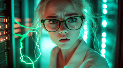 Close up portrait of a young worried woman technician with glasses in futuristic server room during a data center breach, green lighting bolts coming out from the hardware, dramatic moment