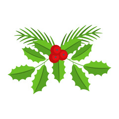 Christmas floral border. Spruce evergreen branch, poinsettia and holly berry