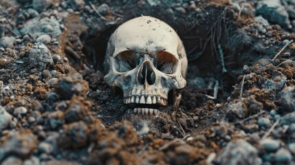A human skull found in a pile of dirt, great for archaeology or crime scene scenes