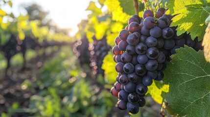Naklejka premium Ripe purple grapes hanging on the vine in a sunlit vineyard during late afternoon