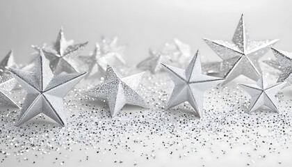 Abstract silver and white background with glittering stars for festive promotions.