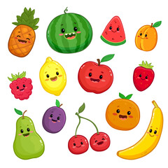 Set of cartoon fruit characters. Cute pineapple, watermelon, apple, strawberry, cherry, banana, pear, lemon, orange, apricot, raspberry, plum for kids. Food illustration. Vector
