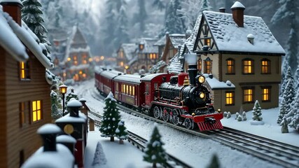 A red and black train travels through a snowy, miniature town, with lights glowing in the windows of the houses - Powered by Adobe