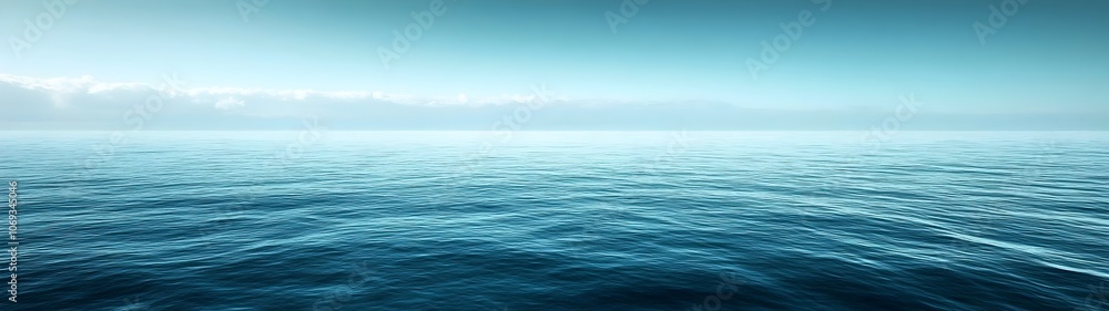 Poster a serene view of a tranquil ocean at dawn, with gentle waves reflecting hues of blue and soft clouds