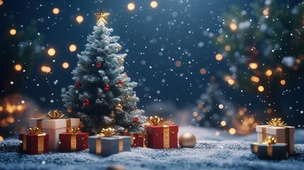 Festive Christmas tree decorated with ornaments and gifts under falling snow.