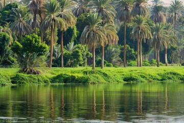 A serene scene with palm trees surrounding a calm body of water, perfect for relaxation or tropical-themed designs