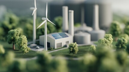 Renewable energy factory with wind turbines and solar panels in a green landscape