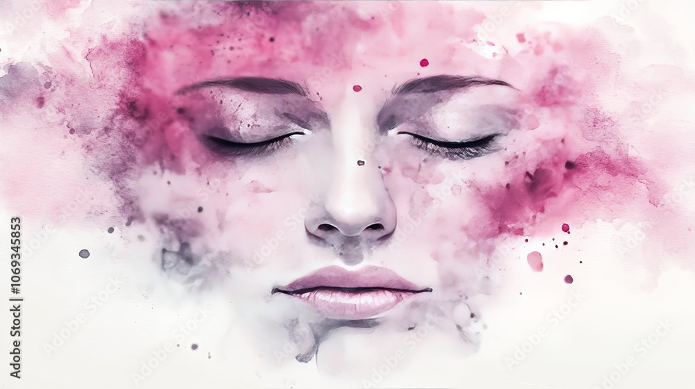 Poster abstract watercolor of a face dissolving into misty pink hues representing tranquility introspection