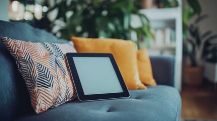 A tablet is sitting on a couch with a pillow and a plant in the background