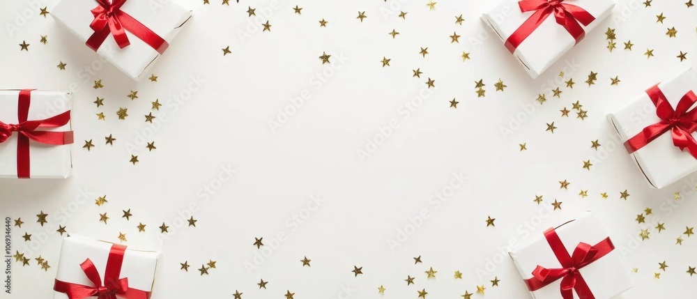 Poster a white background with a red ribbon and a row of white boxes with red bows