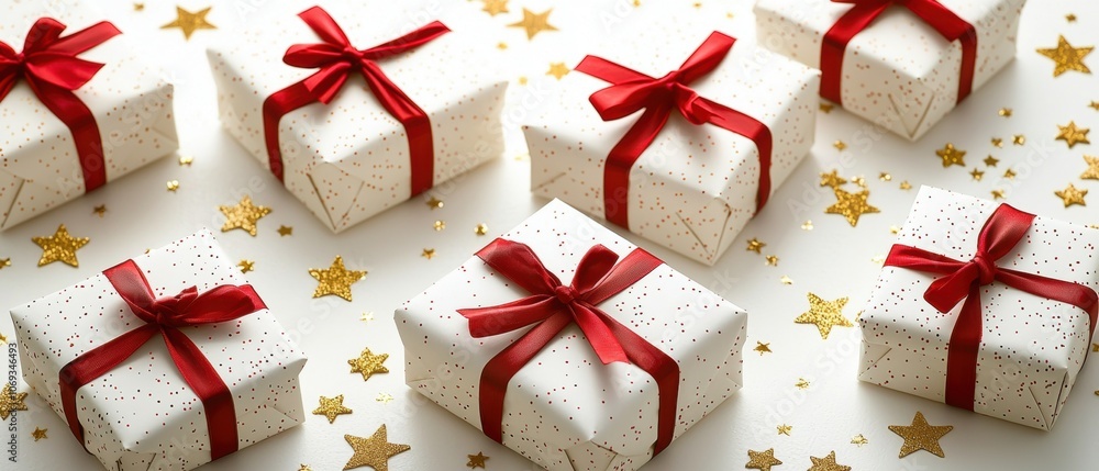 Poster a row of white boxes with red bows on them