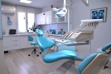 Modern Dental Clinic Interior with Blue Accents and Advanced Equipment