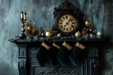 Dark Academia Christmas fireplace decoration - Gothic style mantel decorated with vintage ornaments, dark velvet stockings, and an old-fashioned clock