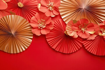 Happy Chinese New Year 2023 year of the rabbit concept. Red paper fans with gold flowers on red background. with generative ai