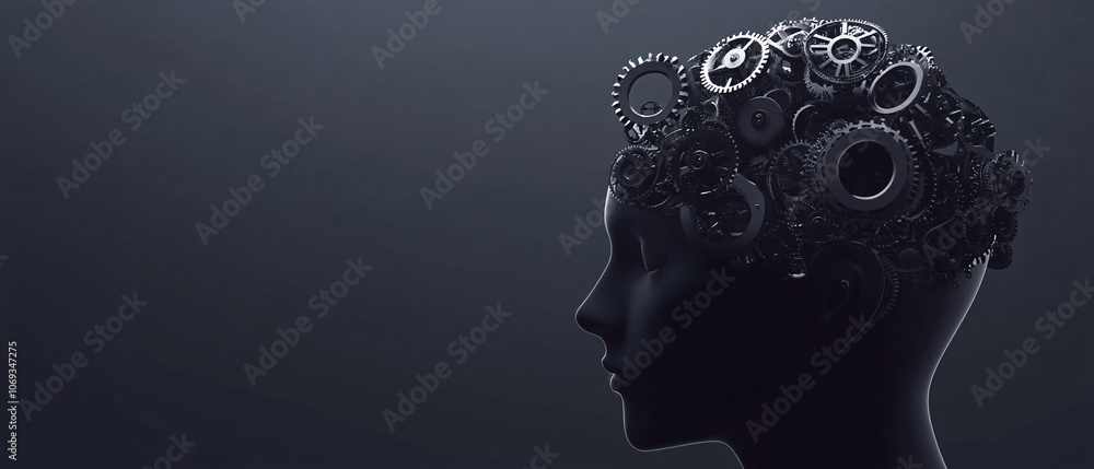 Poster human head with gears representing artificial intelligence and machine learning, human head with gea