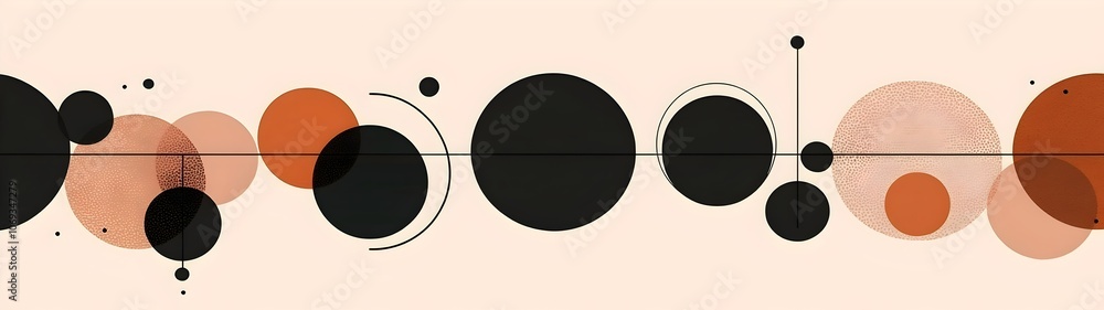 Poster an abstract design featuring a series of circles and dots in black, orange, and beige tones, creatin