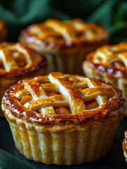 Close-up of freshly baked apple pies with lattice crust.