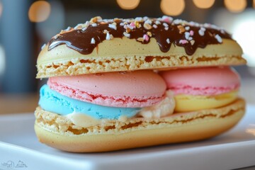 A fun ice cream sandwich made with colorful macarons