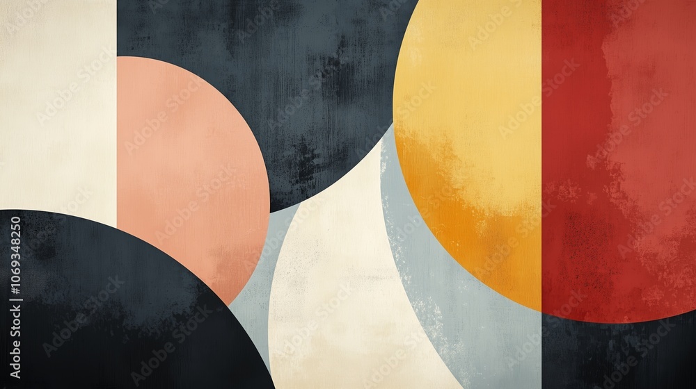 Poster abstract geometric patterns featuring colorful circular shapes and textured backgrounds in a modern 