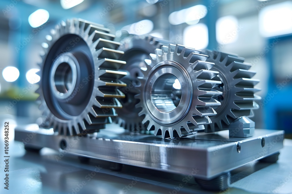 Poster precision engineered gears on a metal base in a workshop setting