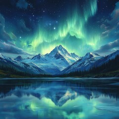 Northern Lights glowing above snow-covered mountains and beach landscape