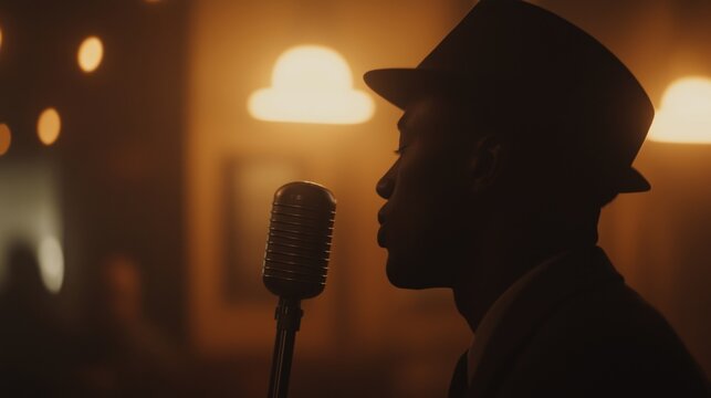 Spoken word poet performing at a moody open mic night with vintage microphone