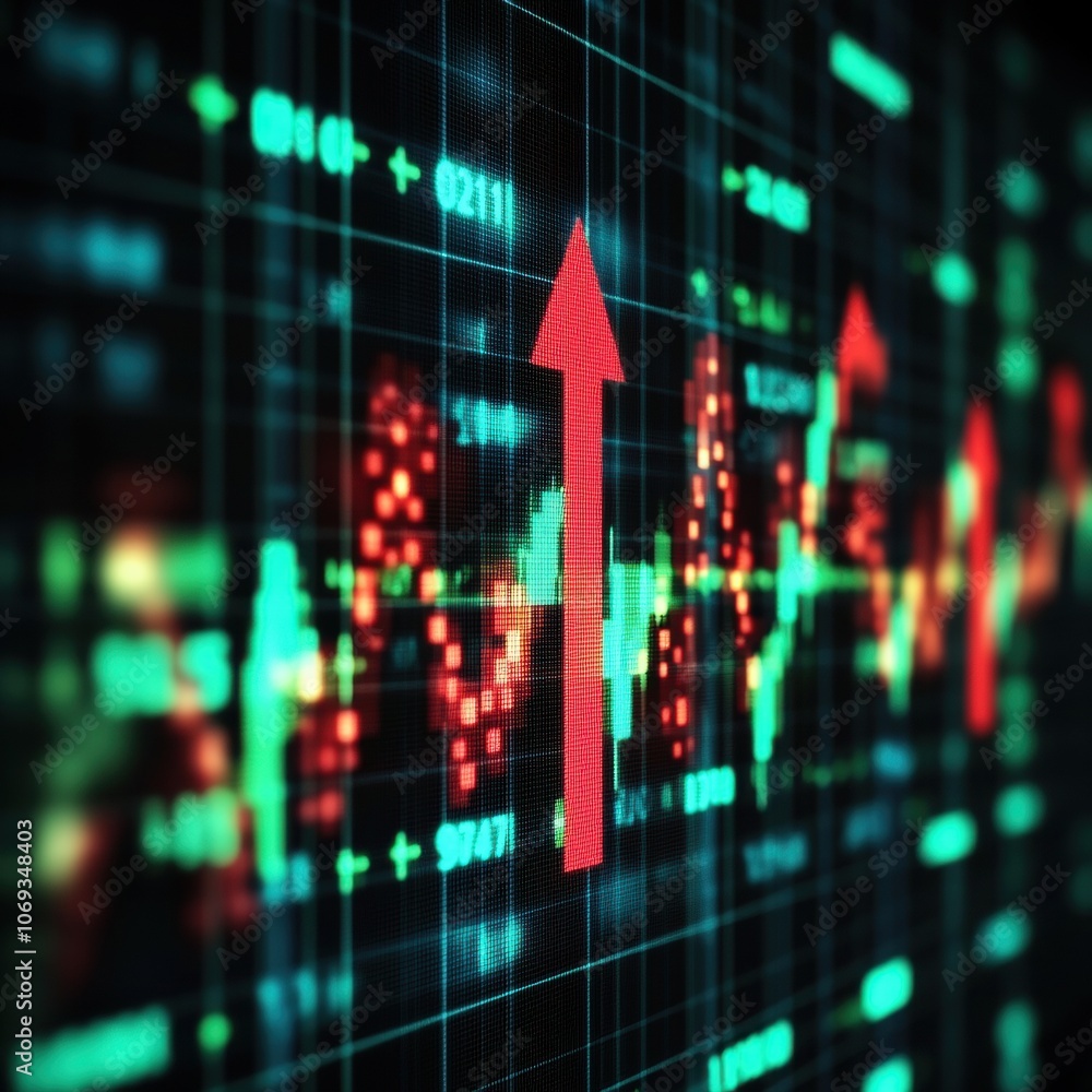 Poster abstract financial data graph with green and red indicators, showcasing growth trends.