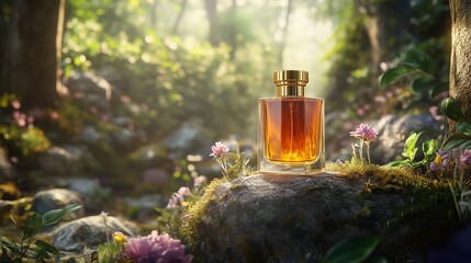 A glass perfume bottle surrounded by wildflowers in a sunlit forest setting during the golden hour, capturing nature's essence