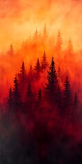 Obraz premium A stunning landscape featuring dark silhouettes of evergreen trees against a vibrant orange and red sky, evoking a sense of warmth and mystery in a natural setting.
