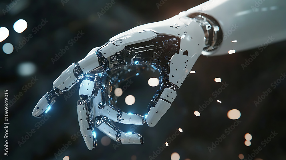 Poster a robotic hand welding, signifying smart factory operations and the industry 4,0 revolution, the aut