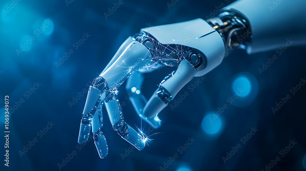 Poster a robotic hand welding, signifying smart factory operations and the industry 4,0 revolution, the aut