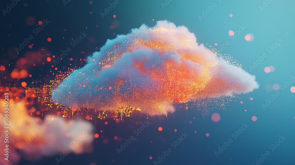 Poster abstract data points merging with a floating cloud, representing the cloud computing concept and the