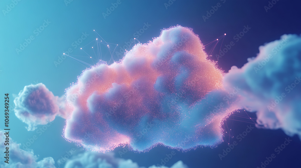 Poster abstract data points merging with a floating cloud, representing the cloud computing concept and the