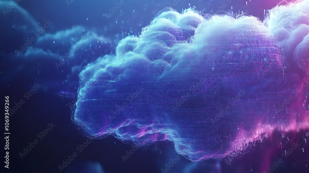 Poster abstract data points merging with a floating cloud, representing the cloud computing concept and the