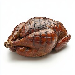Garnished roasted turkey on platter over white background