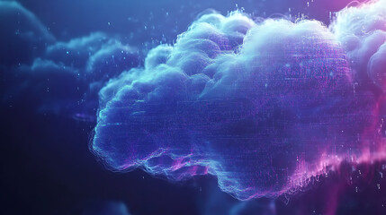 Fototapeta premium Abstract data points merging with a floating cloud, representing the cloud computing concept and the seamless interaction between data storage, processing, and virtualized resources