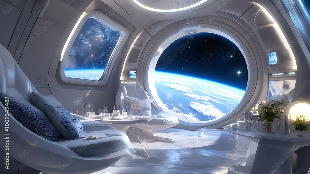 Poster commercial space travel scene with tourists enjoying the view of earth from a futuristic spacecraft 