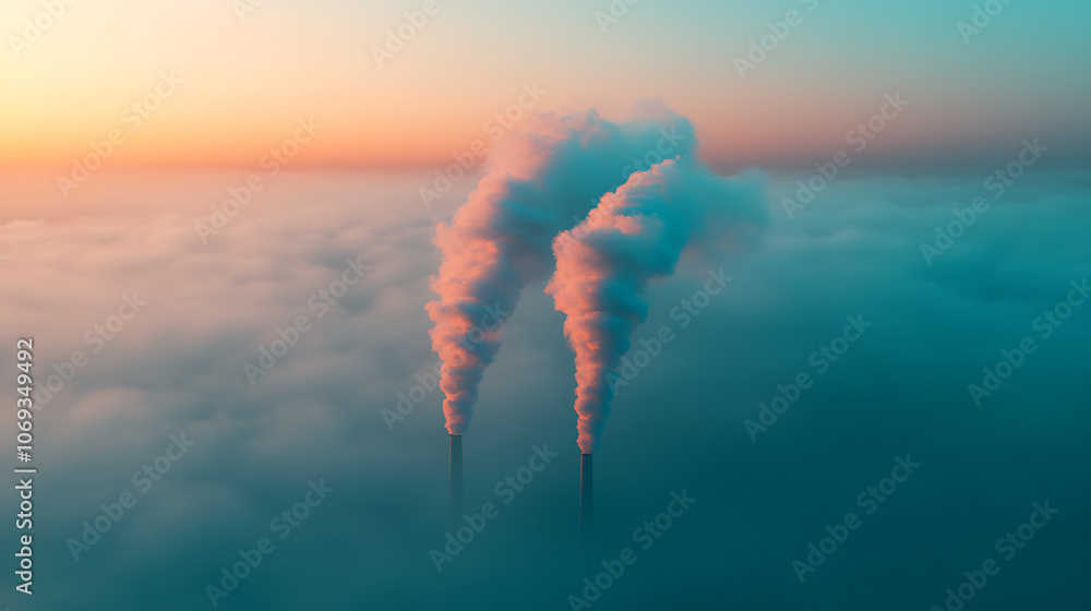 Poster concept of carbon emissions, represented by smoke billowing from factory chimneys and sinking into a